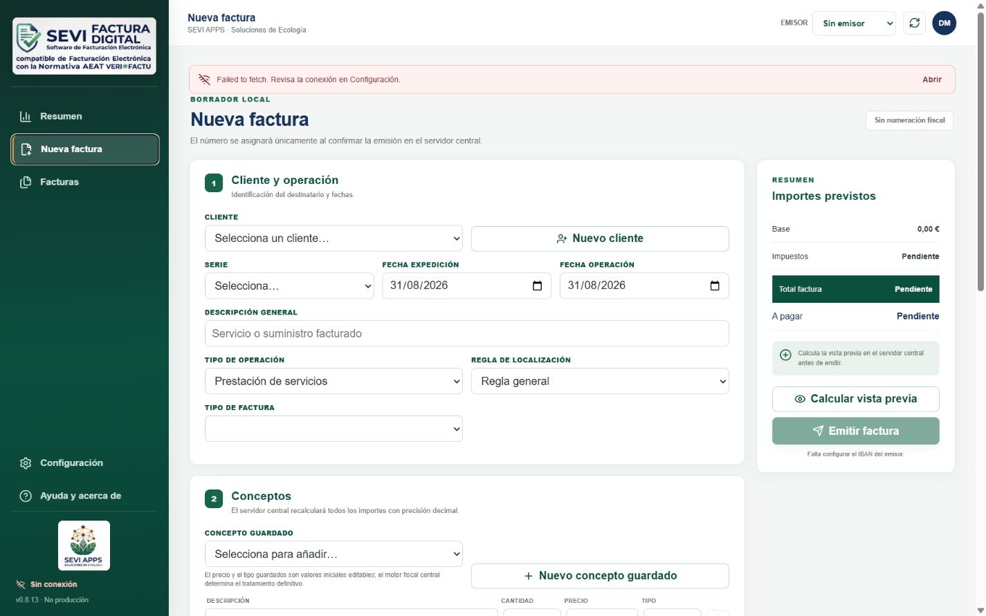 Formulario real de nueva factura en SEVI Factura, dentro del entorno de desarrollo