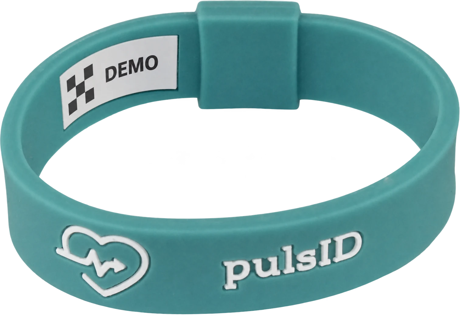 Pulsera turquesa PulsID con etiqueta de demostración