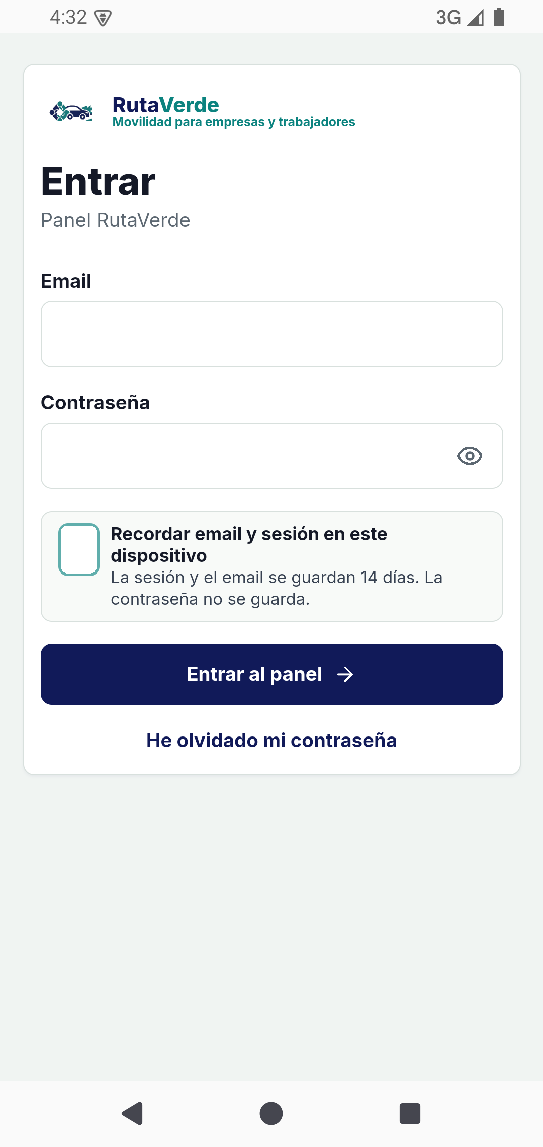 Pantalla de acceso de la aplicación Android de RutaVerde