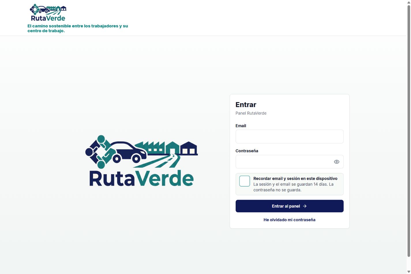Pantalla real de acceso al panel web de RutaVerde